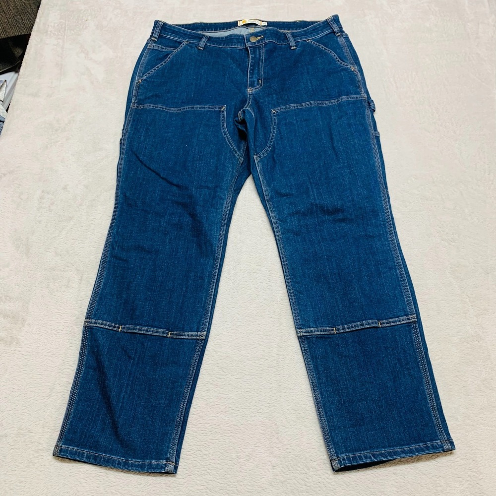 Carhartt Womens 16 103915 Straight Fit‎ Double Knee Blue Denim Jeans Regular